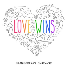 Love wins. Hand drawn vector lettering illustration of Happy Pride Day and LGBT Community support. Simple design for t-shirts, stickers, invitation, banner, postcard, poster