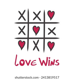 el amor gana. Letras escritas a mano con el corazón de Tic Tac Toe X juego para la tarjeta de felicitación de San Valentín, invitación a la boda. Afiche romántico de tipografía, estampado de camisetas en estilo retro vintage.
