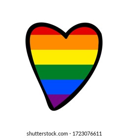 Love wins icon. LGBT logo symbol in rainbow flag colors. Hand drawn heart isolated on white background. Template design, vector illustration. Gay pride pattern. Cute holiday banner. 