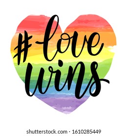 Love Wins lettering on watercolor rainbow spectrum heart shape. Homosexuality emblem isolated on white. LGBT rights concept. Modern poster, placard, invitation card, t-shirt print design.