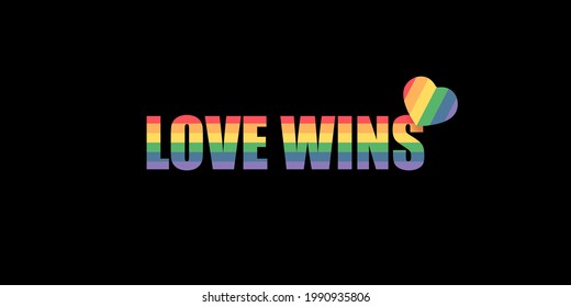 Love wins lettering for Pride month celebration with rainbow flag typography and text. Love wins pride concept vector poster or banner design template