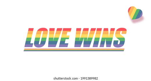 Love wins lettering for Pride month celebration with rainbow flag typography and text on white background. Love wins pride concept vector poster or banner design template