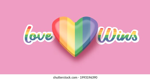 Love wins lettering for Pride month celebration with rainbow flag typography and pride heart on pink background. Love wins pride concept vector poster or banner design template