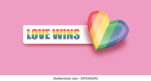 Love wins lettering for Pride month celebration with rainbow flag typography and pride heart on pink background. Love wins pride concept vector poster or banner design template