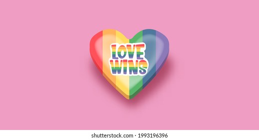 Love wins lettering for Pride month celebration with rainbow flag typography and pride heart on pink background. Love wins pride concept vector poster or banner design template