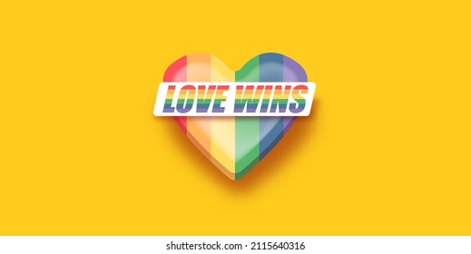Love wins lettering for Pride month celebration with rainbow flag typography and pride heart on orange background. Love wins pride concept vector poster or banner design template