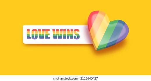 Love wins lettering for Pride month celebration with rainbow flag typography and pride heart on orange background. Love wins pride concept vector poster or banner design template