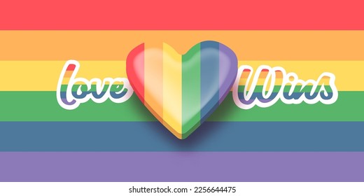 Love wins lettering for Pride month celebration with rainbow flag typography and pride heart on rainbow background. Love wins pride concept vector poster or banner design template