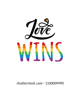 Love wins lettering with rainbow. Gay parade slogan. LGBT rights symbol. Modern brush calligraphy. Lettering and trendy typography for poster, placard, t-shirts, cards design