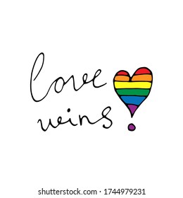 Die Liebe gewinnt mit Regenbogen Buchstaben. Gay Parade Slogan. Symbol für LGBT-Rechte.Cute Cartoon Linie art design.Firmenlogo, Tafel für öffentliche Plätze, Symbol für Apps und Websites.