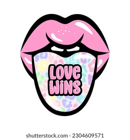 Liebe gewinnt - LGBT-Stolz-Slogan gegen homosexuelle Diskriminierung Zitat. Pop Art Lips und Zunge Illustration in Regenbogenfarbe. Gut für Poster, Textilien, Geschenke, Stolpersets.