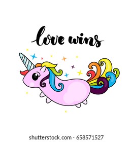 Love wins - lgbt pride slogan and cute unicorn character with rainbow hair