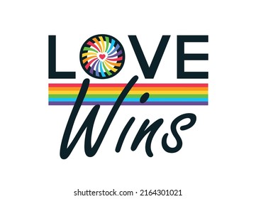 Love Wins. LGBT Pride Vector design. Rainbow colors bars for LGBTQ. Print for mockups or products. Slogan or Caption for campaign.