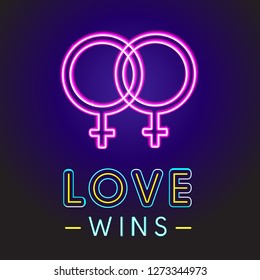  Love wins neon letter. LGBT rights symbol. Lettering and trendy typography for poster, placard, t-shirts, cards design - Vector