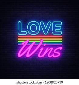 Love Wins Neon Text Vector. Love Wins neon sign, design template, modern trend design, night neon signboard, night bright advertising, light banner, light art. Vector illustration