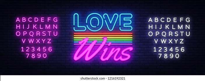 Love Wins Neon Text Vector. Love Wins neon sign, design template, modern trend design, night neon signboard, night bright advertising, light banner. Vector illustration. Editing text neon sign