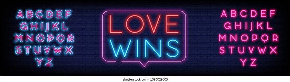 Love Wins Neon Text Vector with a Brick Wall Background. Vector illustration. Editing Text Neon Signs