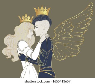 Love wins. Romantic lesbian couple. Female knight in armour and wings kissing a princess. Medieval aesthetics.  Vector illustration. Valentine's day card. LGBT rights concept. 