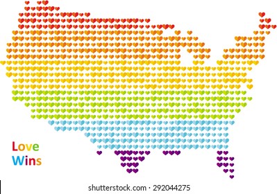 'Love Wins' stylized map of the United States made of hearts. The colors are taken from the hearts of the Rainbow or Pride flag. It could be used for posters, cards, shirts etc