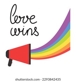 Love wins text. LGBT Pride Logo. Badge Logo with LGBT Rainbow Illustration. Creative Vector Design Element for Pride Month Logo, Square Banner, Social Media Post Template.