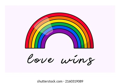 Love Wins text with rainbow. Conceptual poster with LGBT rainbow hand lettering