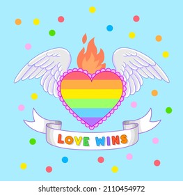 Love Wins Text. Winged Heart In Rainbow Colors With Slogan Against Homosexual Discrimination. Gay Parade Theme. LGBT Rights Symbol. Vector Illustration.