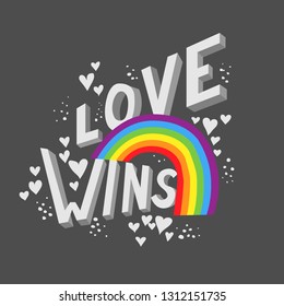 Love wins valentines day poster vector card design. LGBTQIA pride concept. 3D letters with rainbow