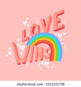 Love wins valentines day poster vector card design. LGBTQIA pride concept. 3D letters with rainbow