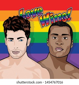 LOVE WINS vector illustration. Same sex pride celebration day. Pop Art comics icon Pride color