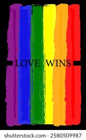 Love Wins watercolor flag poster design for celebration of LGBTI rights and parades with rainbow colors. Hand drawn colorful lgbt banner brush strokes. Vector isolated on black background