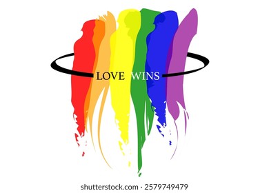 Love Wins watercolor poster design for celebration of LGBTI rights and parades with rainbow colors. Hand drawn colorful lgbt logo brush strokes. Vector isolated on white background