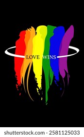 Love Wins watercolor poster design for celebration of LGBTI rights and parades with rainbow colors. Hand drawn colorful lgbt logo brush strokes. Vector isolated on black background