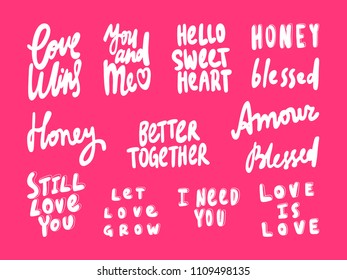 Love wins, you and me, hello sweat heart, blessed. Sticker set for social media content. Vector hand drawn illustration design. Bubble pop art comic style poster, t shirt print, post card, video blog