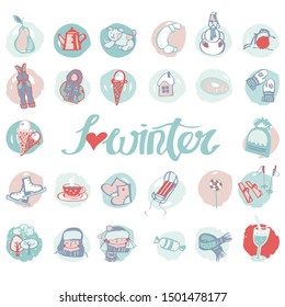 I love winter 2020. Many mini-signs on winter subject. Typography, vector design for holiday cards, posters, banners. Vector illustration.