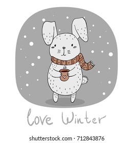 Love Winter card with rabbit and cup.