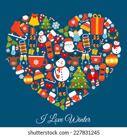 Love winter concept with new year and christmas decorative elements in heart shape vector illustration