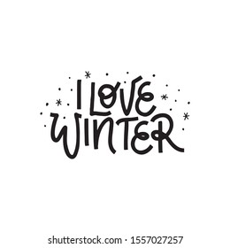 I love winter hand drawn black lettering with snowflake. Vector illustration on white background. For card, print, overlay, poster, banner.
