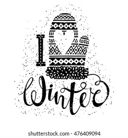 I love winter text and knitted woolen mitten with heart. Seasonal shopping concept design for banner or label.