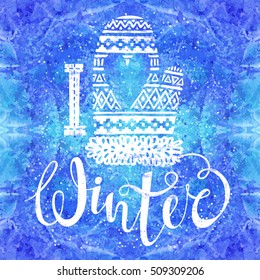 I love winter text and knitted woolen mitten with heart on watercolor background. Seasonal shopping concept design for banner or label. Isolated vector illustration.