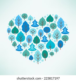 I love Winter. Vector concept. Heart with different hand drawn trees depicting winter forest and snowflakes