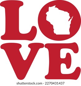 LOVE Wisconsin State Red Outline Vector Graphic Illustration Isolated	