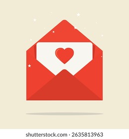 Love wishes. Card for Valentine's Day, icon template. Red envelope with love letter. Symbol of Valentine day. Wedding invitation with heart. flat vector illustration