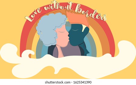 Love without borders. Kissing couple in the background of rainbow. Vector illustration.