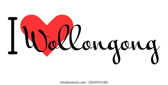 I love Wollongong, city of Australia. Hand drawn letters with red heart. Vector illustration lettering, modern design for print t shirt, banner, poster, sticker or label.