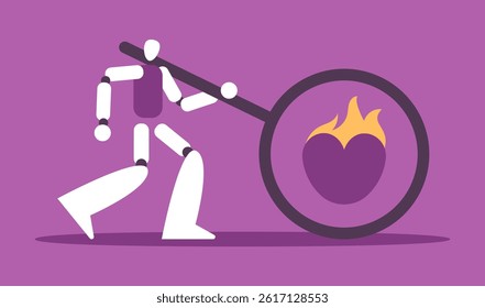 Love woman and AI robot. Girl experiences romantic relationship and love for chat bot with artificial intelligence. Flat vector illustration.