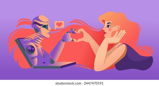 Amor mujer y robot inclinado fuera de la computadora portátil, y juntos haciendo corazón fuera de dedo. Chica experimenta relación romántica y amor para chatear bot con inteligencia artificial después de trabajar juntos