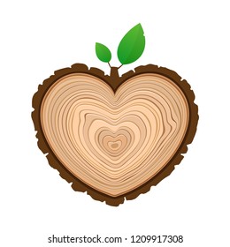 I Love Wood Cutting Tree As Symbol Of Heart With Foliage Timber Rings And Bark