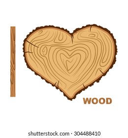 I Love Wood. Cutting Tree As A Symbol Of Heart. Vector Illustration. Timber Rings And Bark.
