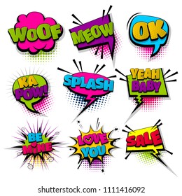 love woof meow ok set hand drawn pictures effects template comics speech bubble halftone dot background pop art style. Comic dialog cloud, text pop-art. Idea conversation sketch explosion.