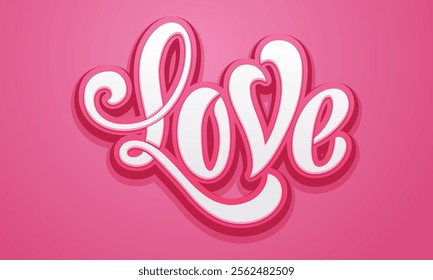 Love word with 3D hand drawn letters. Modern calligraphy love text on pink background. Valentine's Day template or background. Vector illustration. Design for printing on t-shirt, poster, banner.